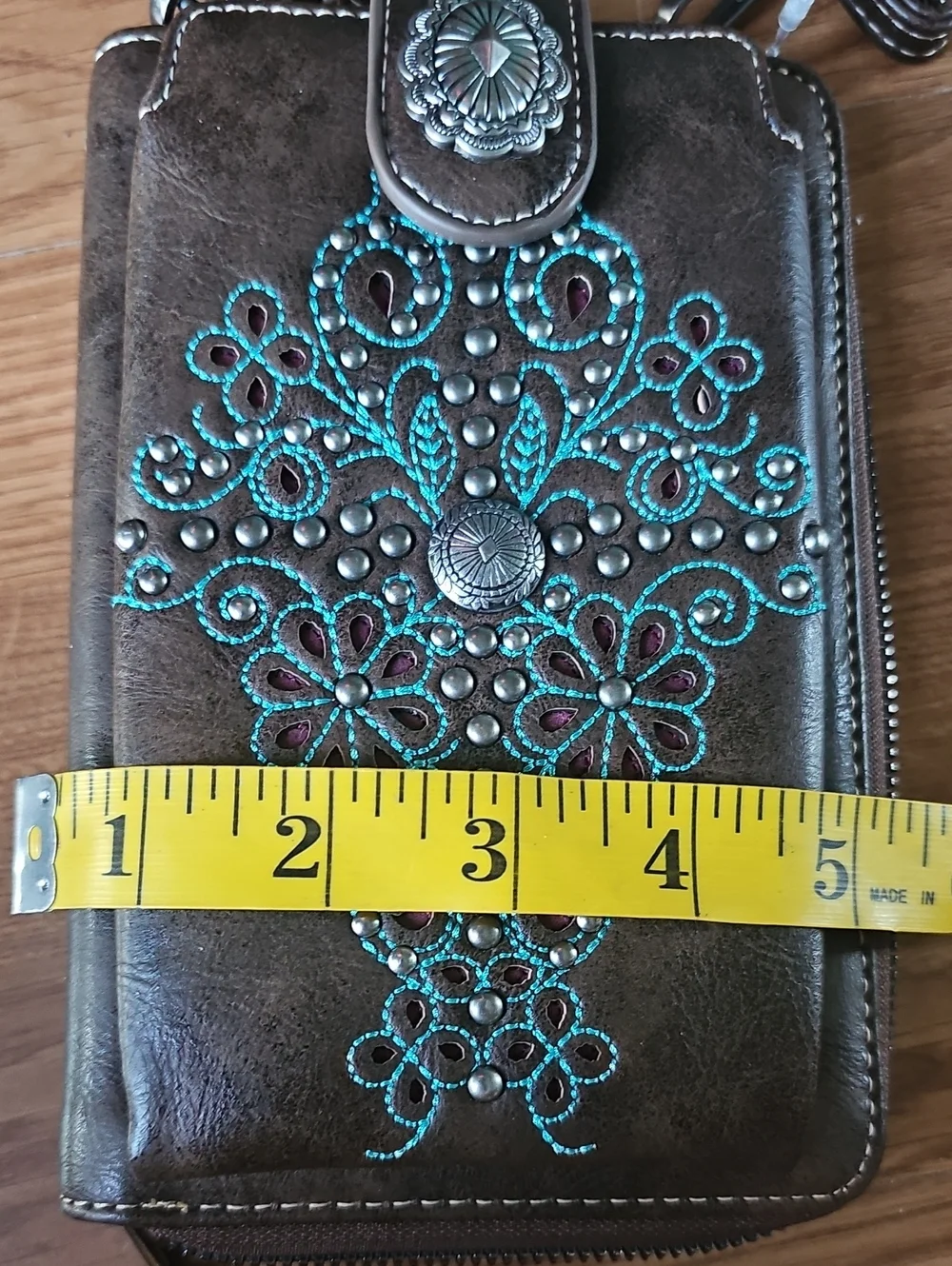 Montana West Zippered Floral Turquoise Embroidered Phone Crossbody Brown Wallet